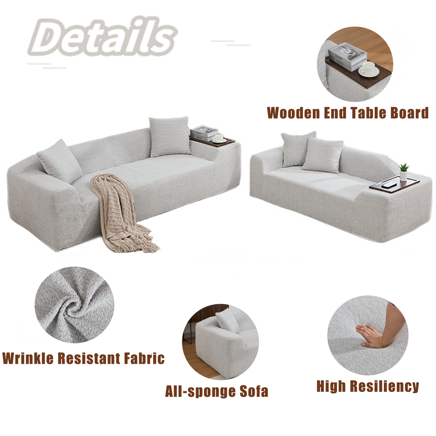 2 Piece Boucle Cloud Sofa Set, Upholstered Sofa Set, Modern 3 Seater and 2 Seater Sofa With MDF End Table for Living Room