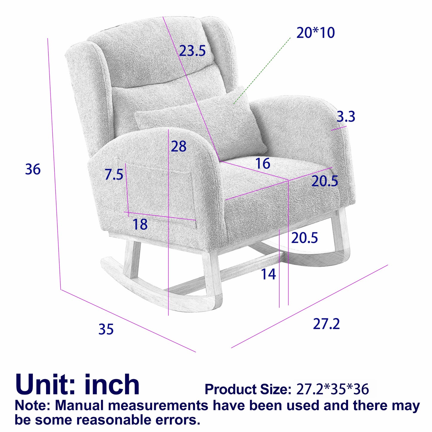 Modern Accent High Backrest Living Room Lounge Arm Rocking Chair, Two Side Pocket