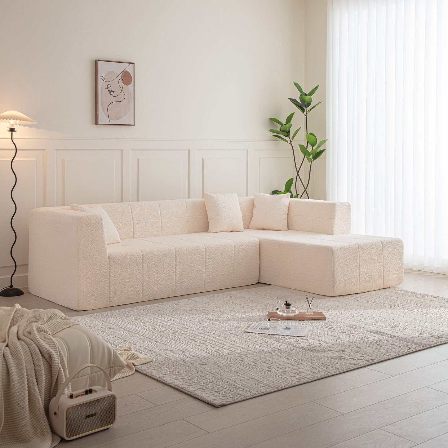 105.5" Modular L-Shaped Sectional Floor Couch, Deep Seat Tufted Comfy Sofa Set With Chaise for Living Room