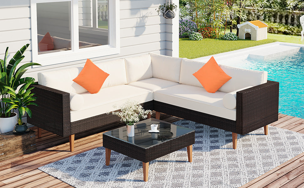 4-Pieces Outdoor Wicker Sofa Set, Patio Furniture With Colorful Pillows, L-Shape Sofa Set