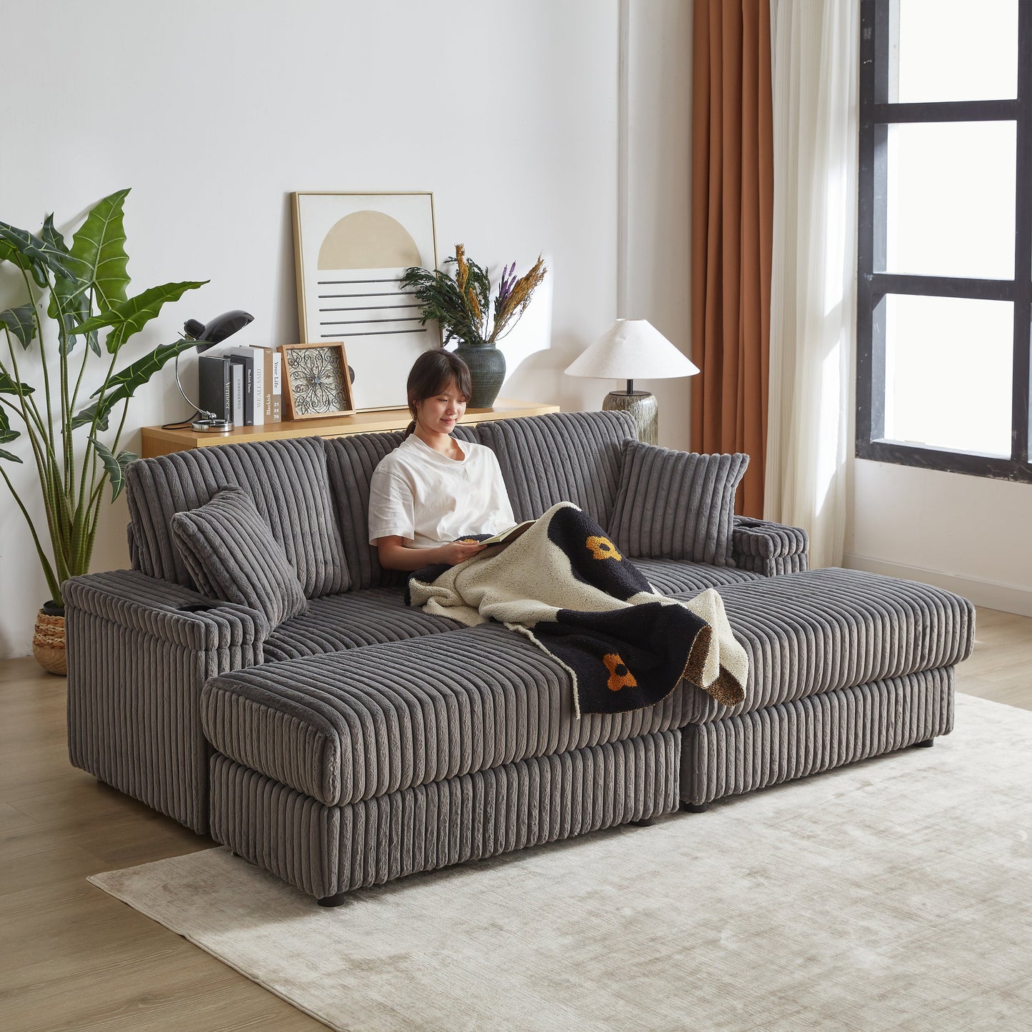 84Inch Corduroy 3-Seater Sofa With 3 Back Pillows ,2 Toss Pillows , a Ottoman ,2storage Spaces and Cup-Holding Grooves