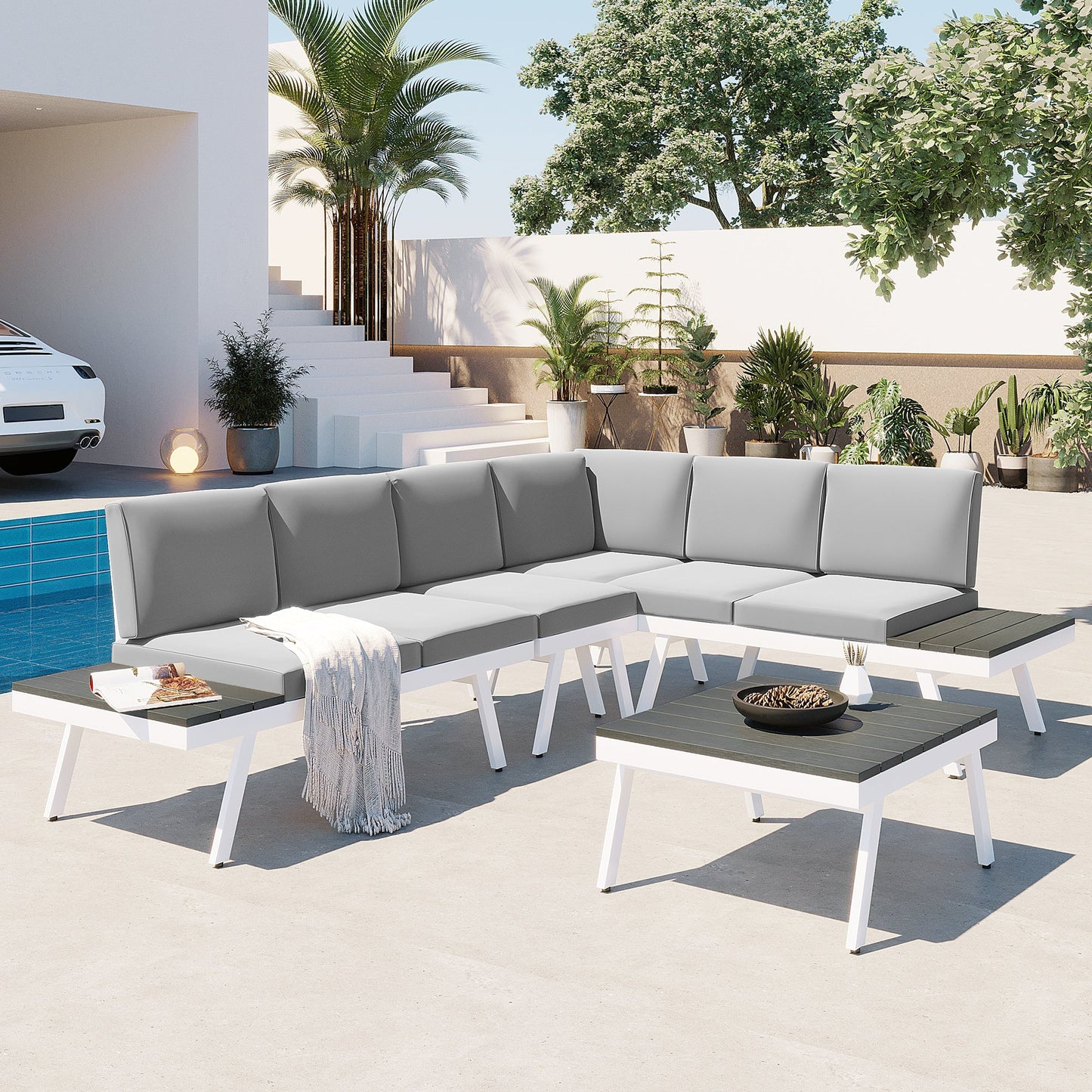 Industrial 5-Piece Aluminum Outdoor Patio Furniture Set, Modern Garden Sectional Sofa Set With End Tables, Coffee Table