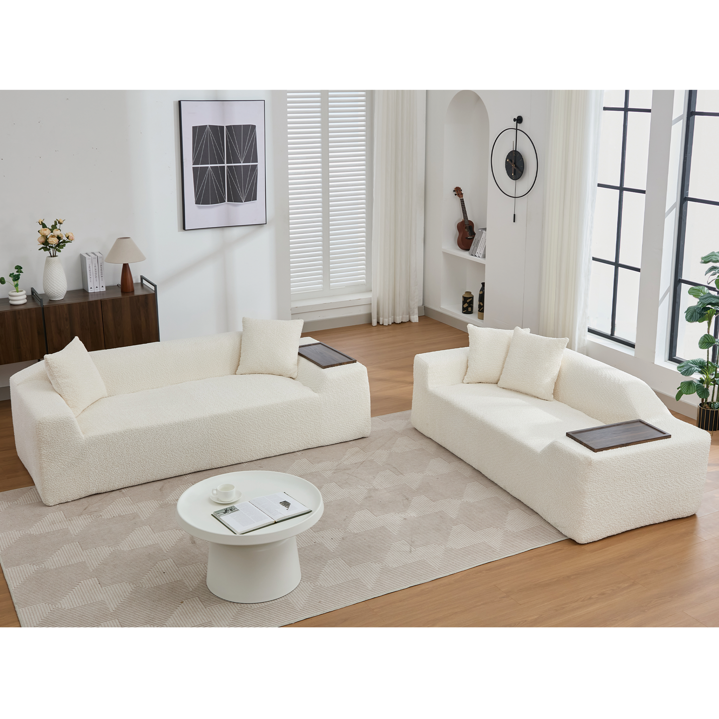 2 Piece Boucle Cloud Sofa Set, Upholstered Sofa Set, Modern 3 Seater and 2 Seater Sofa With MDF End Table for Living Room