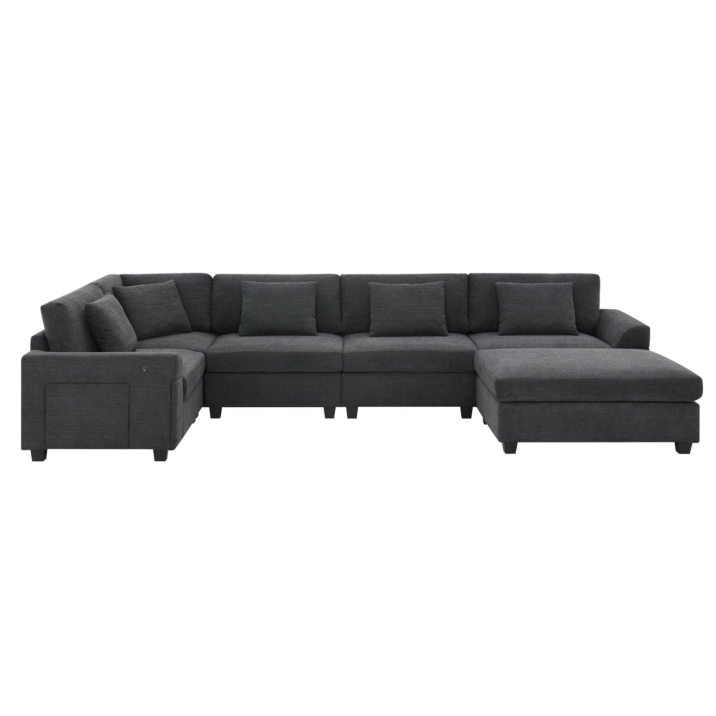 128*67" U Shaped Sectional Sofa,6 Seat Chenille Couch Set With Oversized Ottoman,Hidden Armrest Storage and Cup Holders