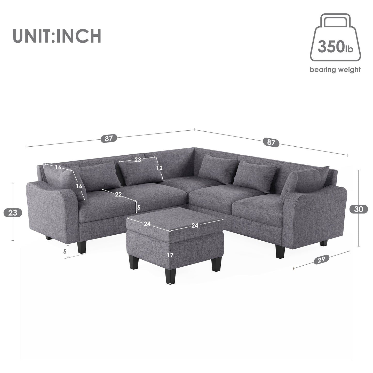 87" Modern Sectional Sofa With Coffee Table,6-Seat Couch Set With Storage Ottoman,Various Combinations,L-Shape Indoor