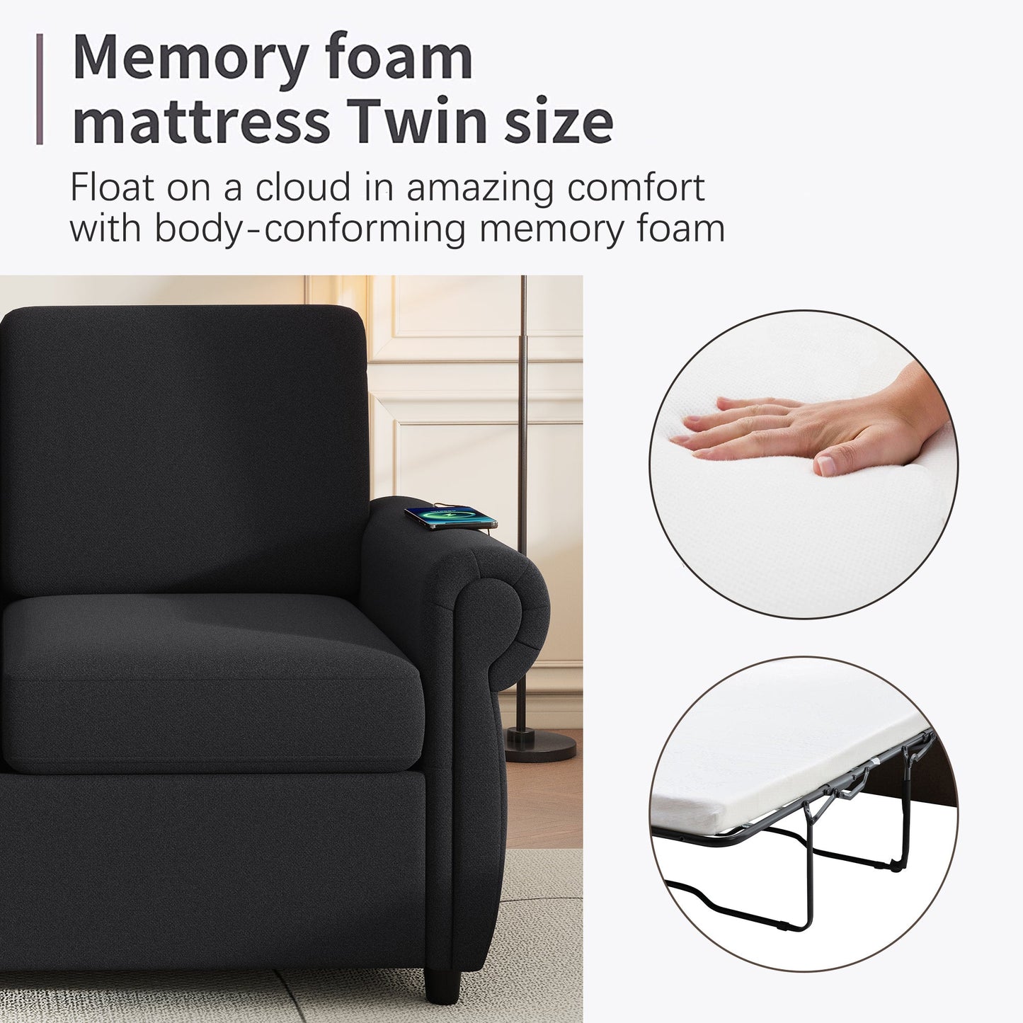57.9" Pull Out Sofa Bed Loveseat Sleeper With Twin Size Memory Mattress With Two USB Ports for Living Room Spaces, Black