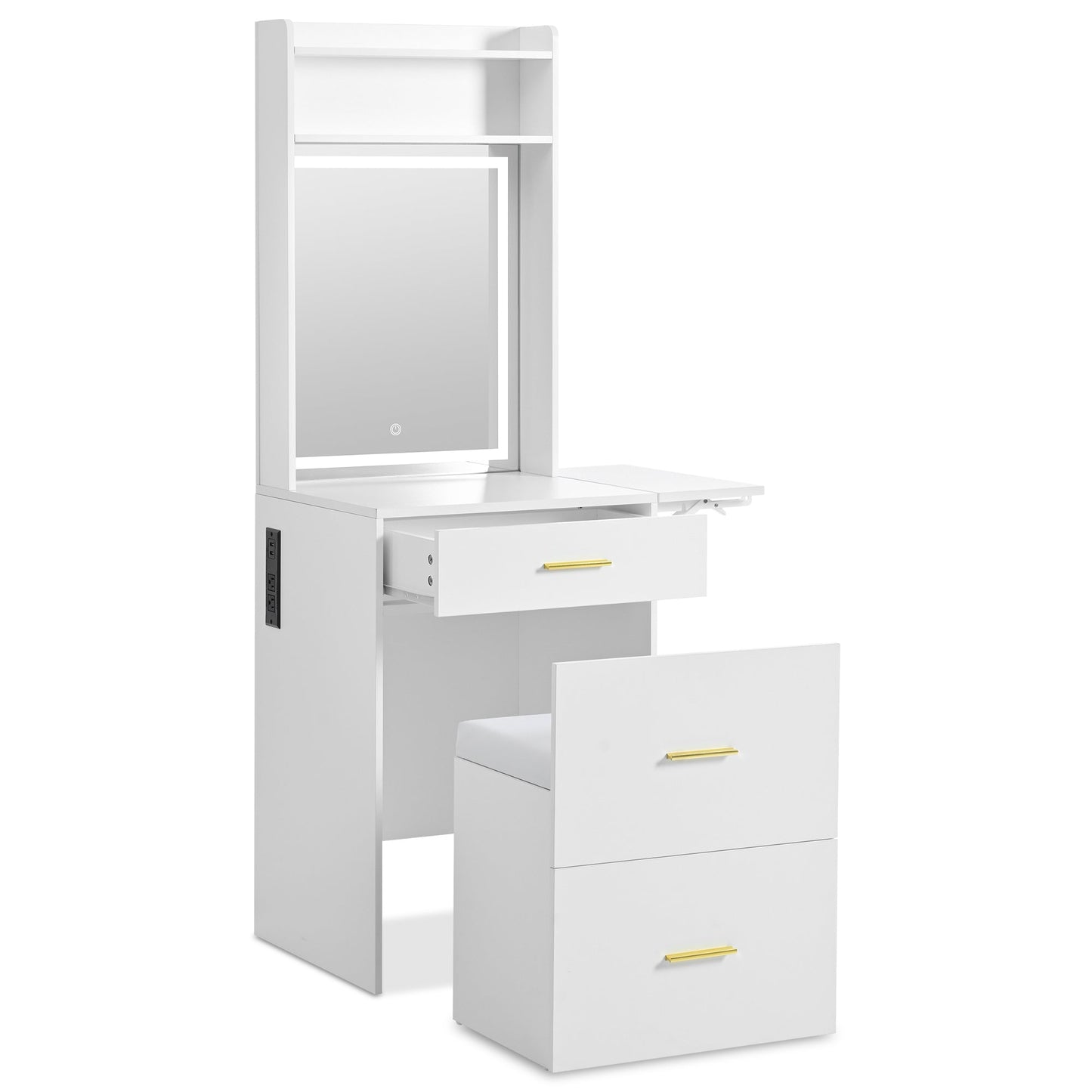Small Vanity Desk With Mirror and Light, Dressing Table With Charging Station & Fold-Up Panel for Small Space, Compact