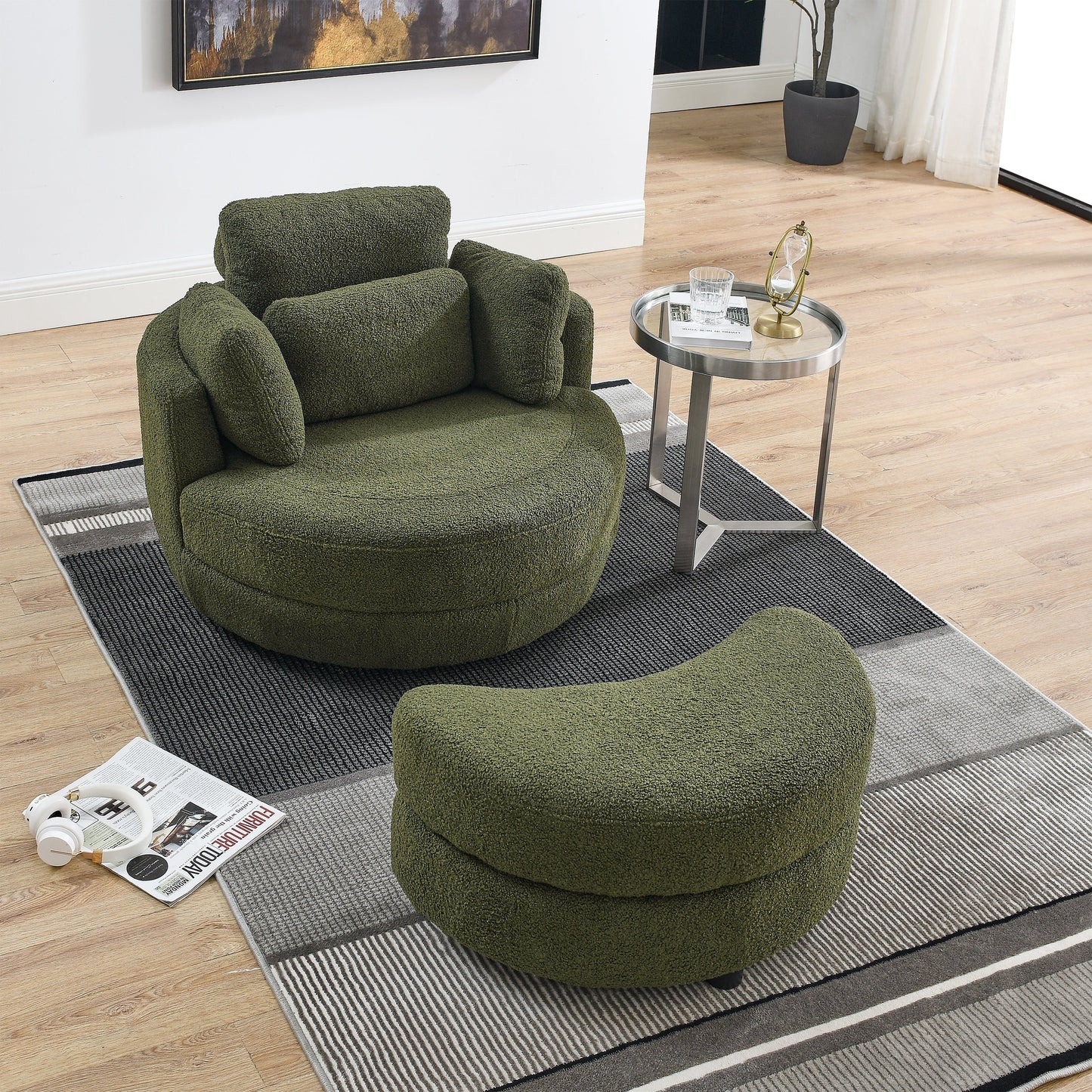 39"W Oversized Swivel Chair With Moon Storage Ottoman for Living Room, Modern Accent Round Loveseat Circle