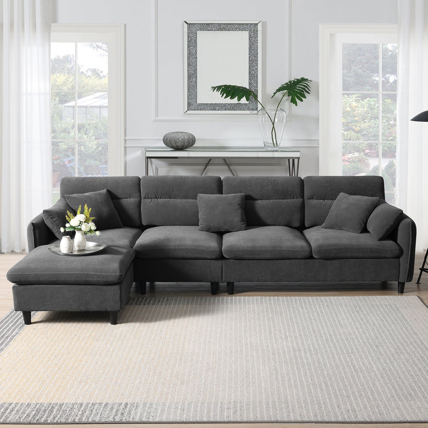 110*62" Modern Convertible Sectional Sofa,L-Shaped Reversible Couch Set With Free Pillows,5 Seat Cloud Chenille Indoor