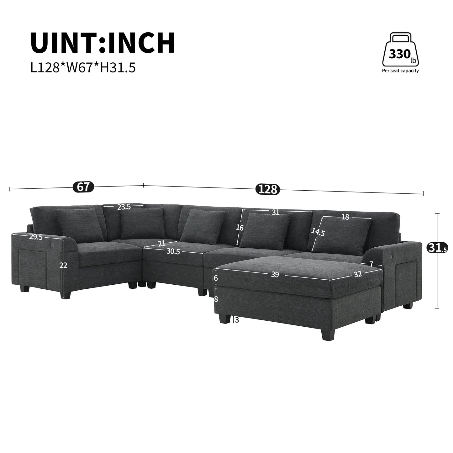 128*67" U Shaped Sectional Sofa,6 Seat Chenille Couch Set With Oversized Ottoman,Hidden Armrest Storage and Cup Holders