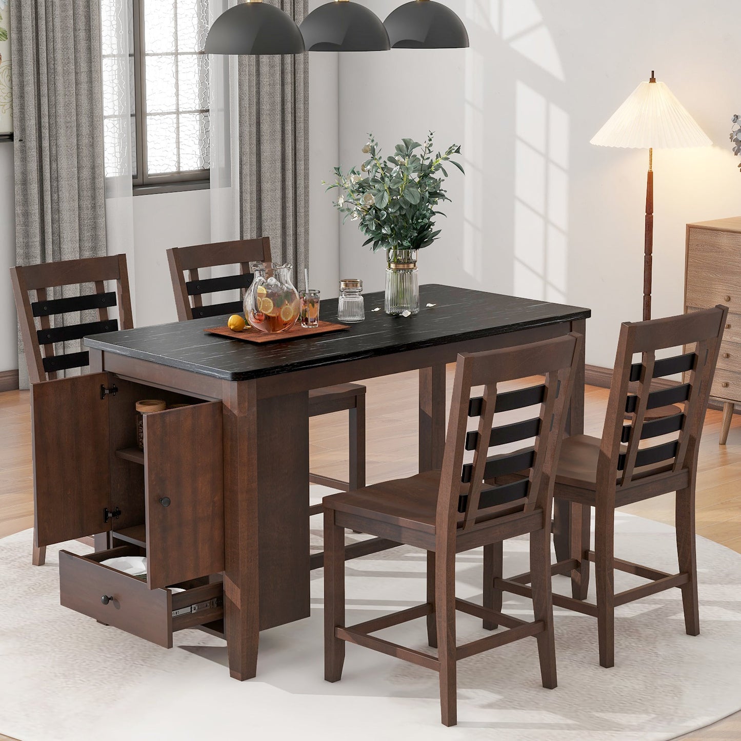 Counter Height 5-Piece Dining Table Set With Faux Marble Tabletop, Solid Wood Table Set With Storage Cabinet and Drawer