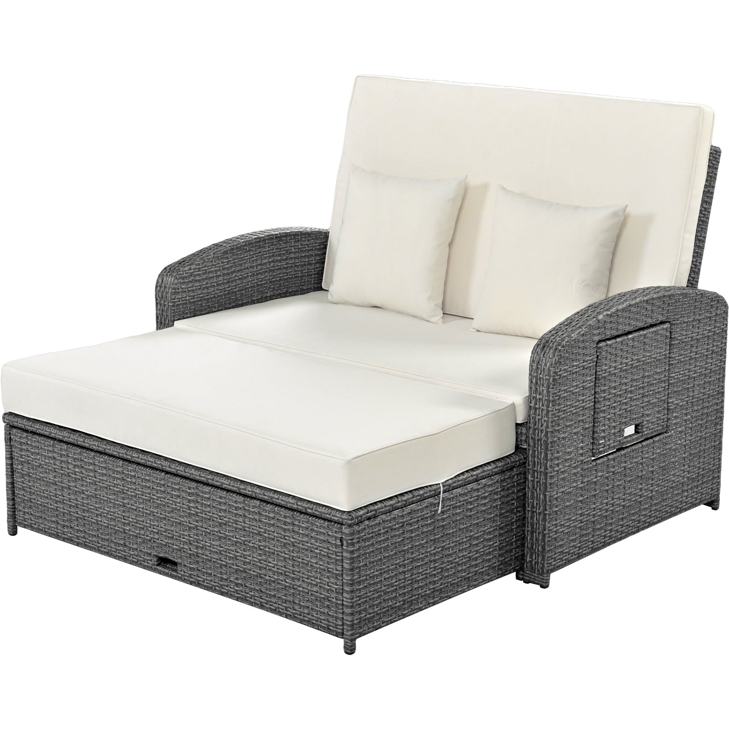 PE Wicker Rattan Double Chaise Lounge, 2-Person Reclining Daybed With Adjustable Back and Cushions