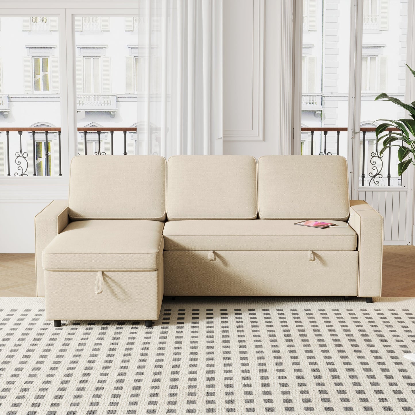 85.8" Pull Out Sleeper Sofa L-Shaped Couch Convertible Sofa Bed With Storage Chaise and Storage Racks,With USB Port