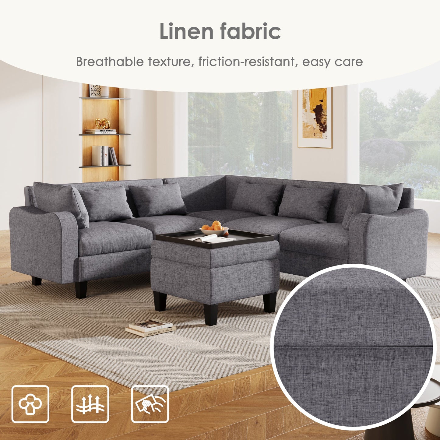 87" Modern Sectional Sofa With Coffee Table,6-Seat Couch Set With Storage Ottoman,Various Combinations,L-Shape Indoor