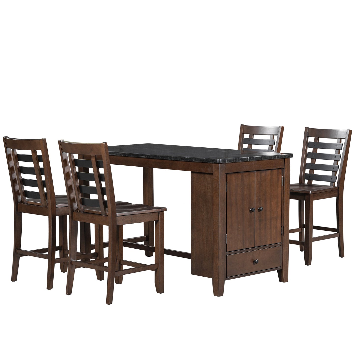 Counter Height 5-Piece Dining Table Set With Faux Marble Tabletop, Solid Wood Table Set With Storage Cabinet and Drawer
