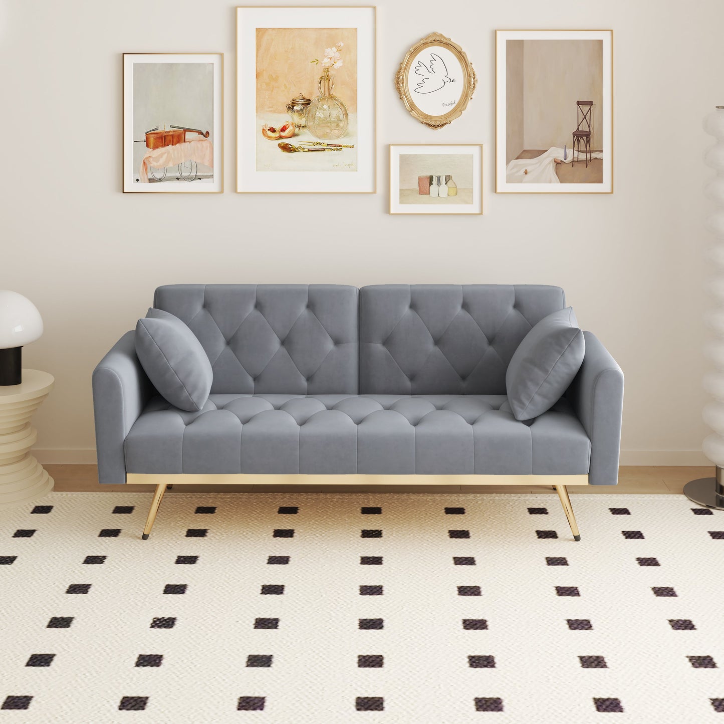 68.3" Gray Velvet Nail Head Sofa Bed With Throw Pillow and Midfoot