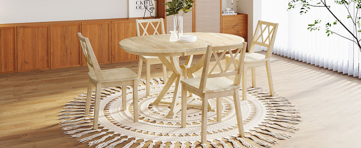 Mid-Century 5-Piece Extendable Round Dining Table Set With 15.7" Removable Leaf and 4 Cross Back Dining Chairs, Natural