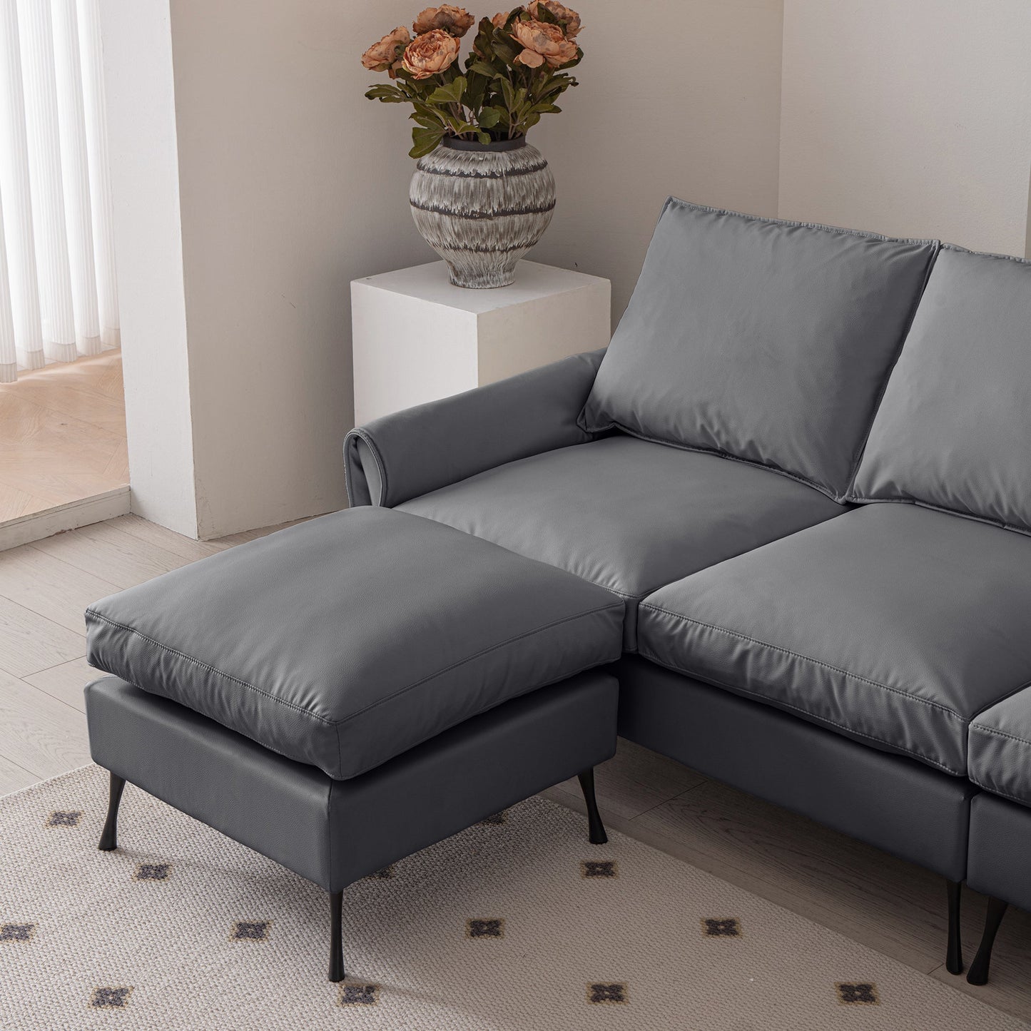 104.5"Modern Sectional Technical Leather L-Shaped Sofa Couch With Convertible Ottoman