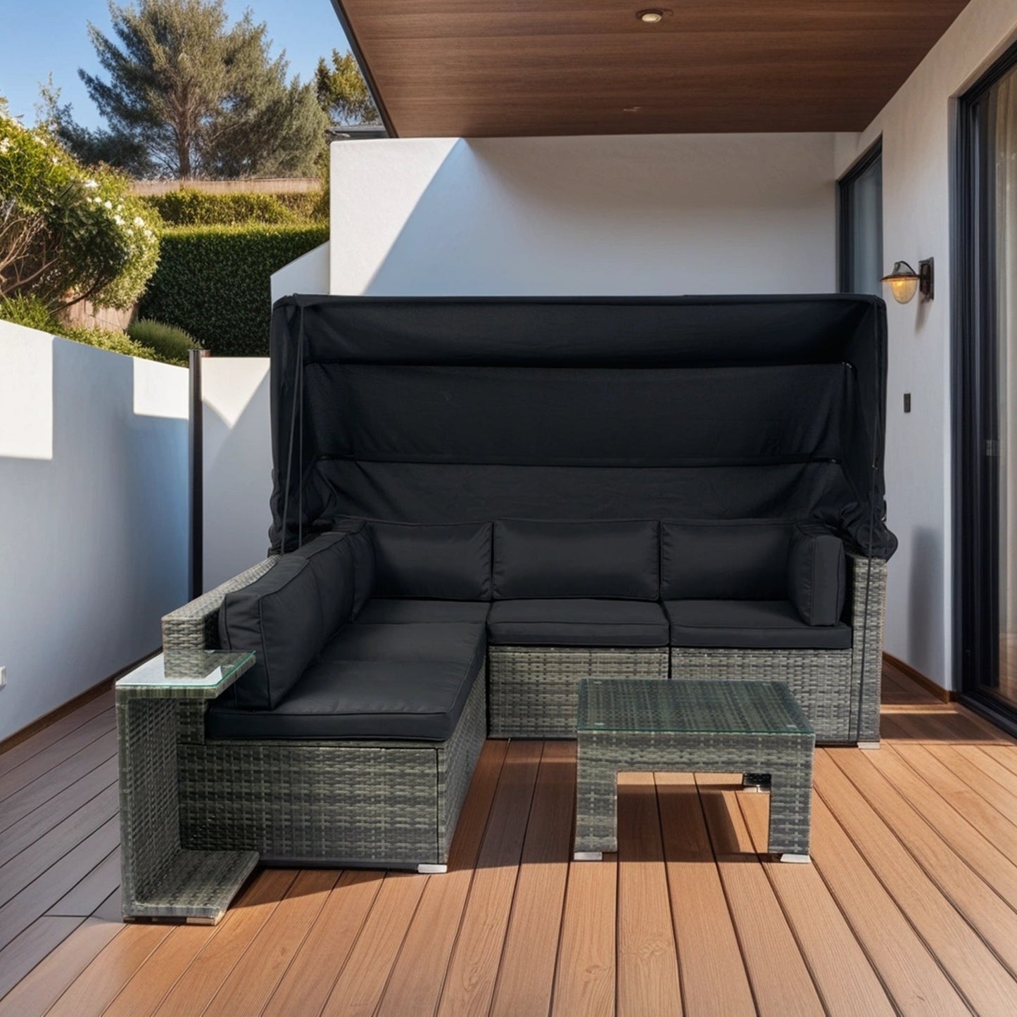 7-Piece Patio Furniture Set W/Retractable Canopy Wicker Rattan Sectional Sofa Set Patio Furniture With Washable Cushions