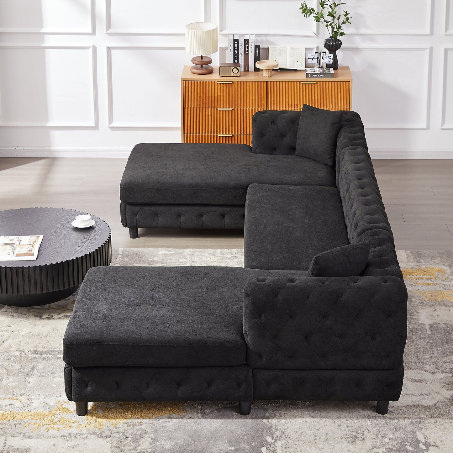 126-Inch Modern Style Chenille Three Piece Sofa, Pull Point Design U-Shaped Sofa Two Chaise Longue Seats, Two Pillows