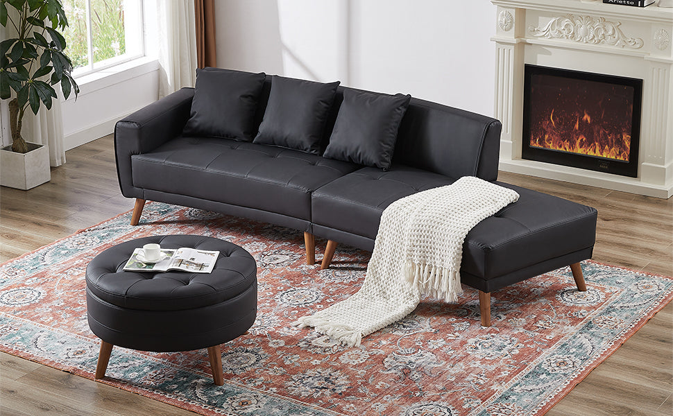 107" Contemporary Sofa Stylish Sofa Couch With a Round Storage Ottoman and Three Removable Pillows for Living Room, Black