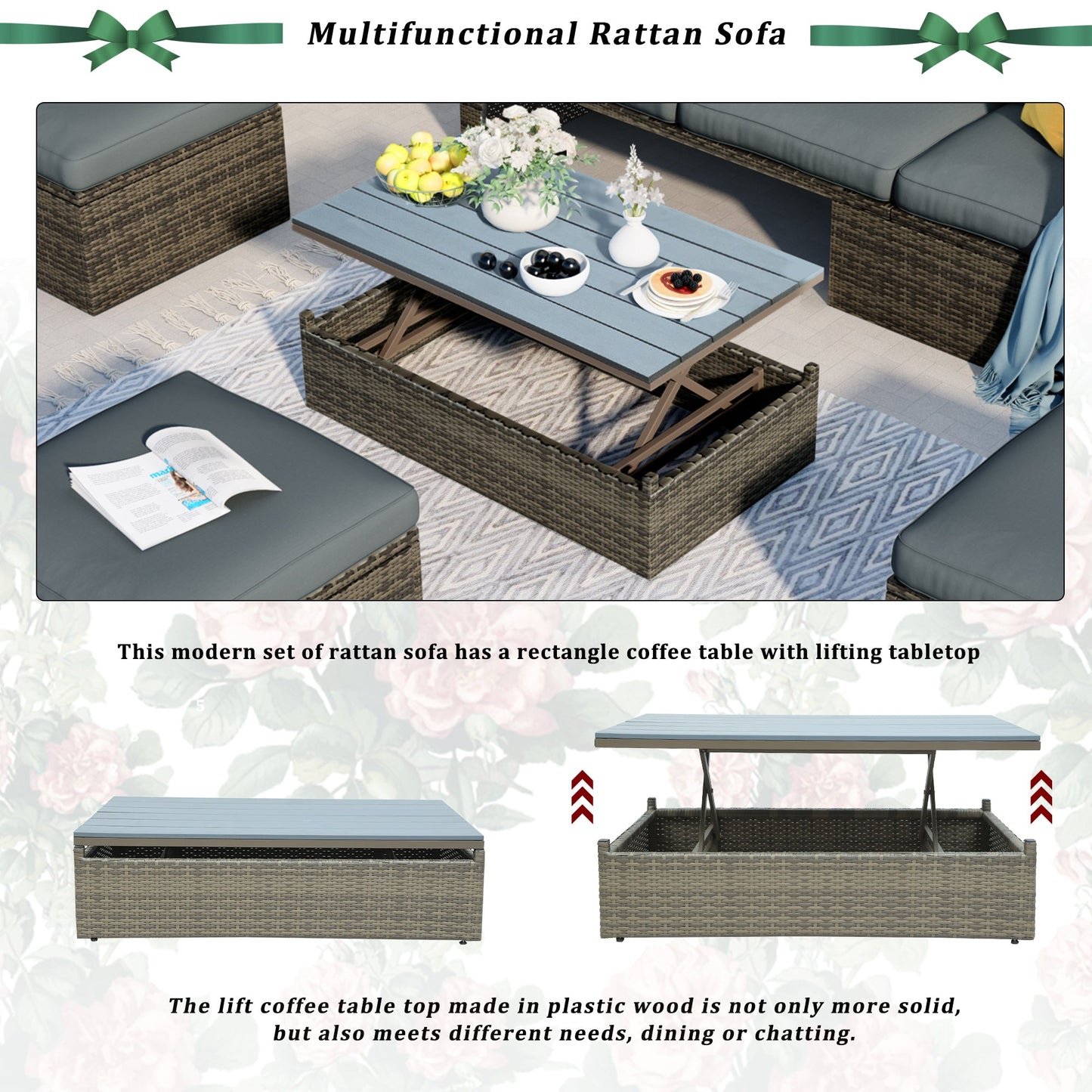 Patio Furniture Sets, 5-Piece Patio Wicker Sofa With Adustable Backrest, Cushions, Ottomans and Lift Top Coffee Table