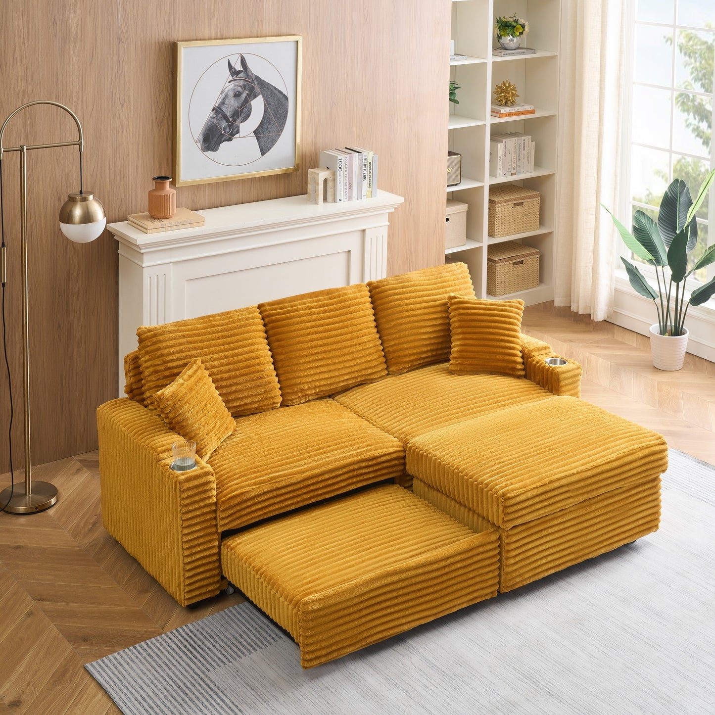 An 80-Inch Foldable and Hidden Chaise Longue Orange Corduroy Sofa With Cup Holders on the Armrests, a Footrest and Storage