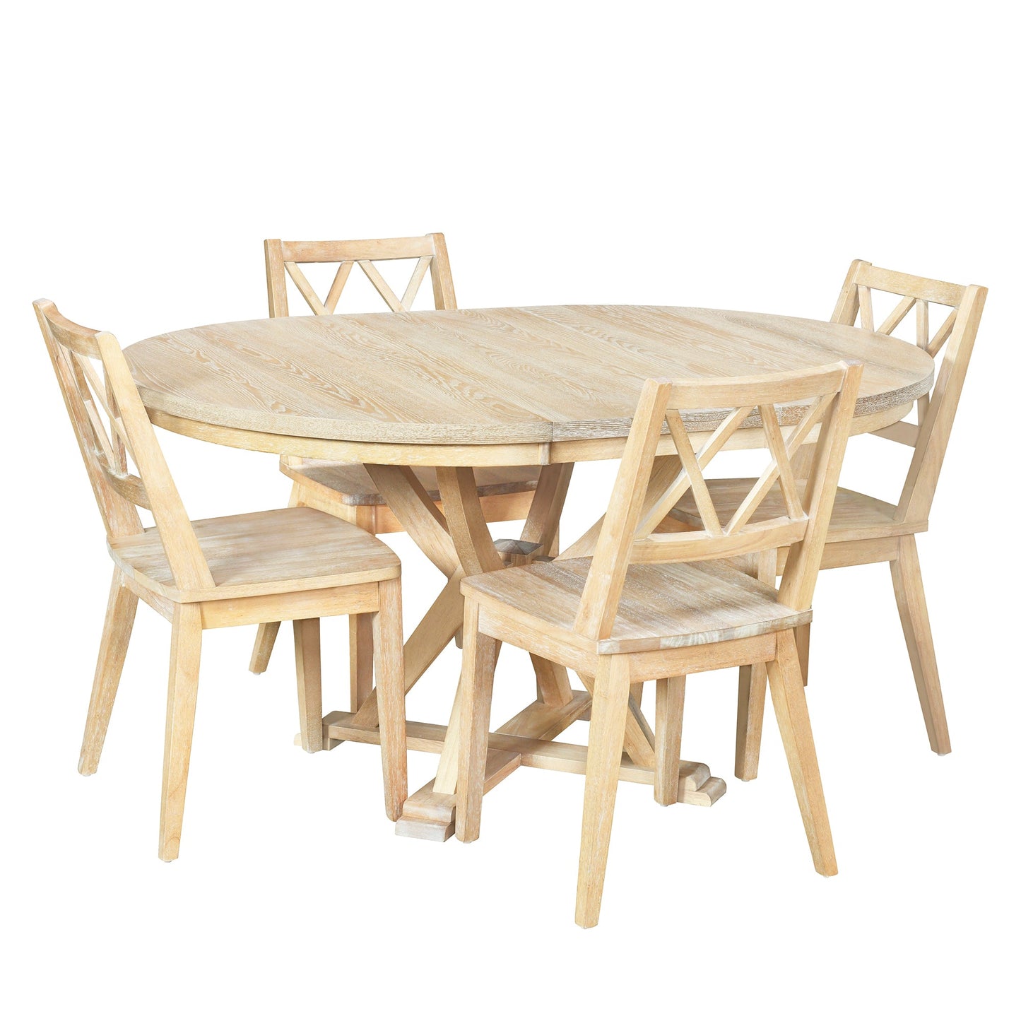Mid-Century 5-Piece Extendable Round Dining Table Set With 15.7" Removable Leaf and 4 Cross Back Dining Chairs, Natural