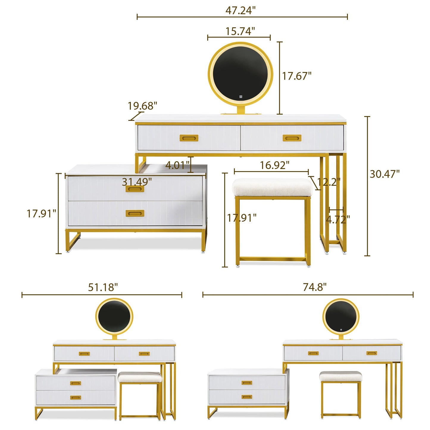 Modern Style Vanity Table With Movable Side Cabinet and 4-Drawers, Large Size Dressing Table With Mirror and 3-Colors