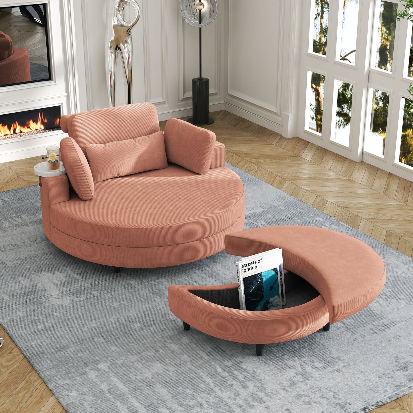 A 51-Inch Orange Corduroy Sofa With Two Throw Pillows, a Waist Pillow and an Extra Tray Is Comfortable