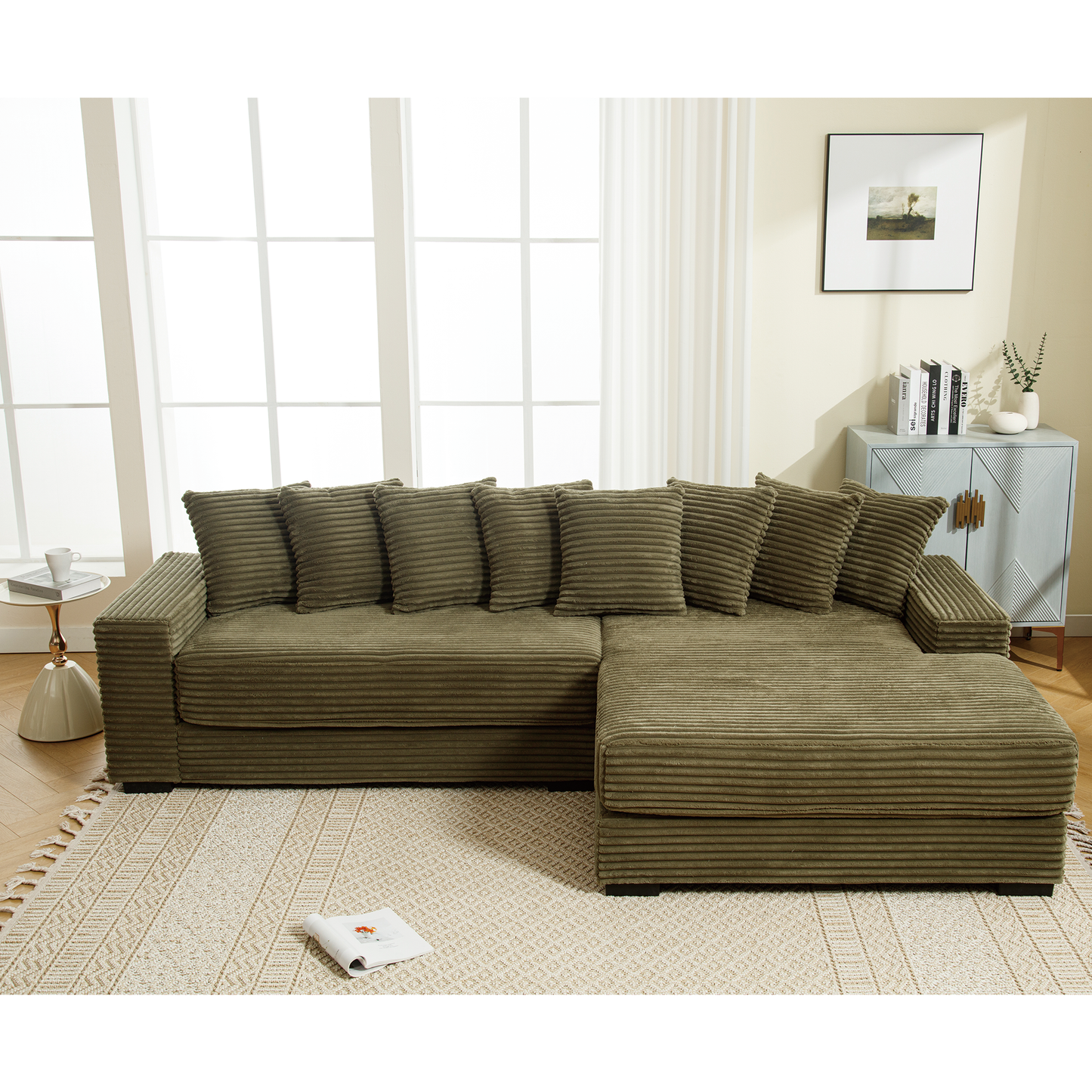 Oversized Two-Piece Couches, L Shaped Sofa, Corduroy, Right Chaise Daybed,with Armrests,Eight Throw Pillows,Corner Sofa