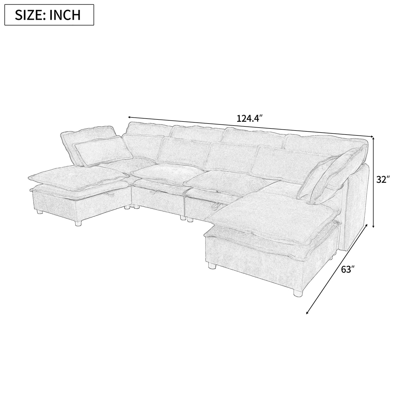 Double-Layer Cushion Modern Large U-Shaped Modular Sofa, Freely Combinable 6-Seater With Storage Function, Convertible