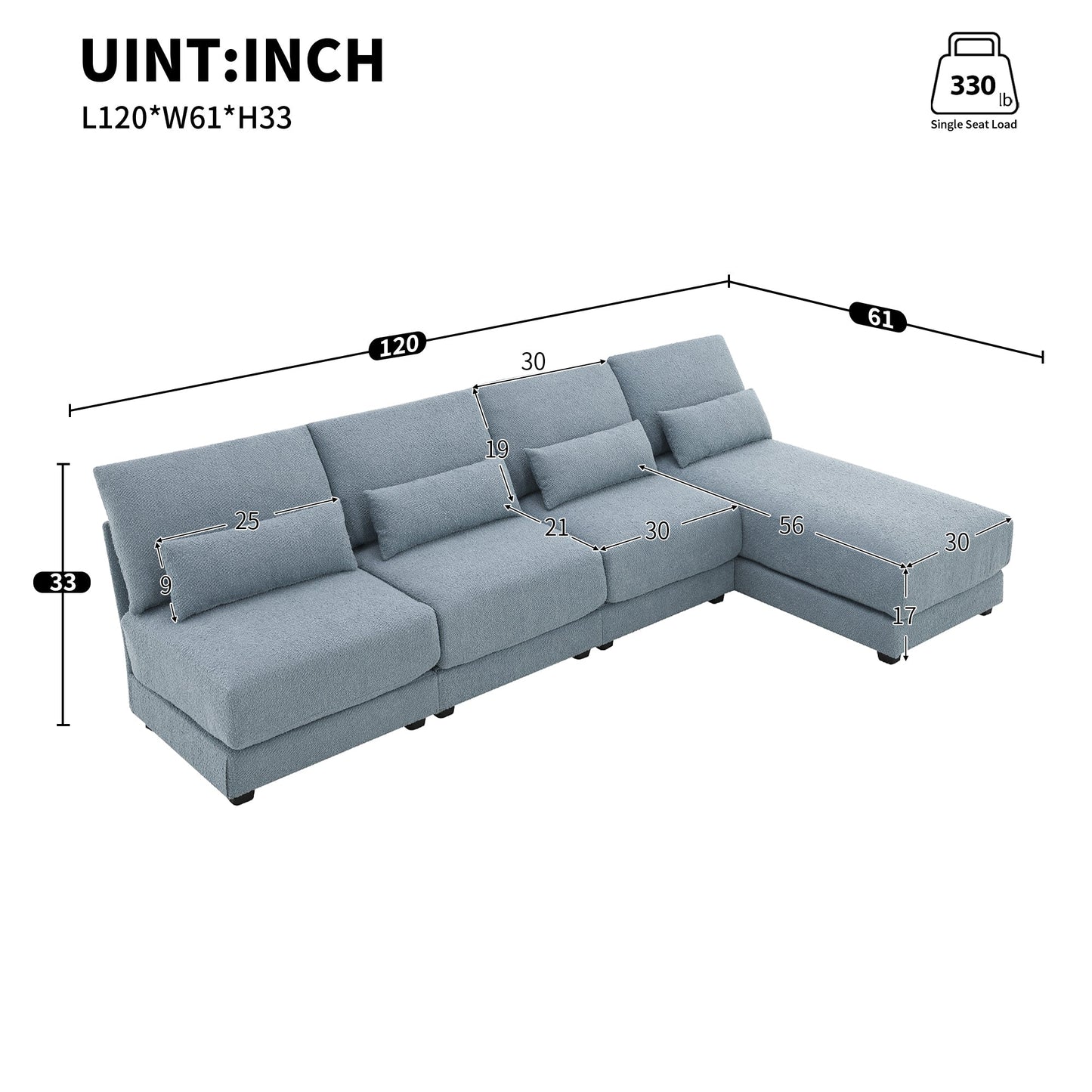 120*61" Oversized Deep Seat Sectional Sofa With Reversible Chaise,Loop Yarn Fabric 5-Seat Armless Indoor Furniture