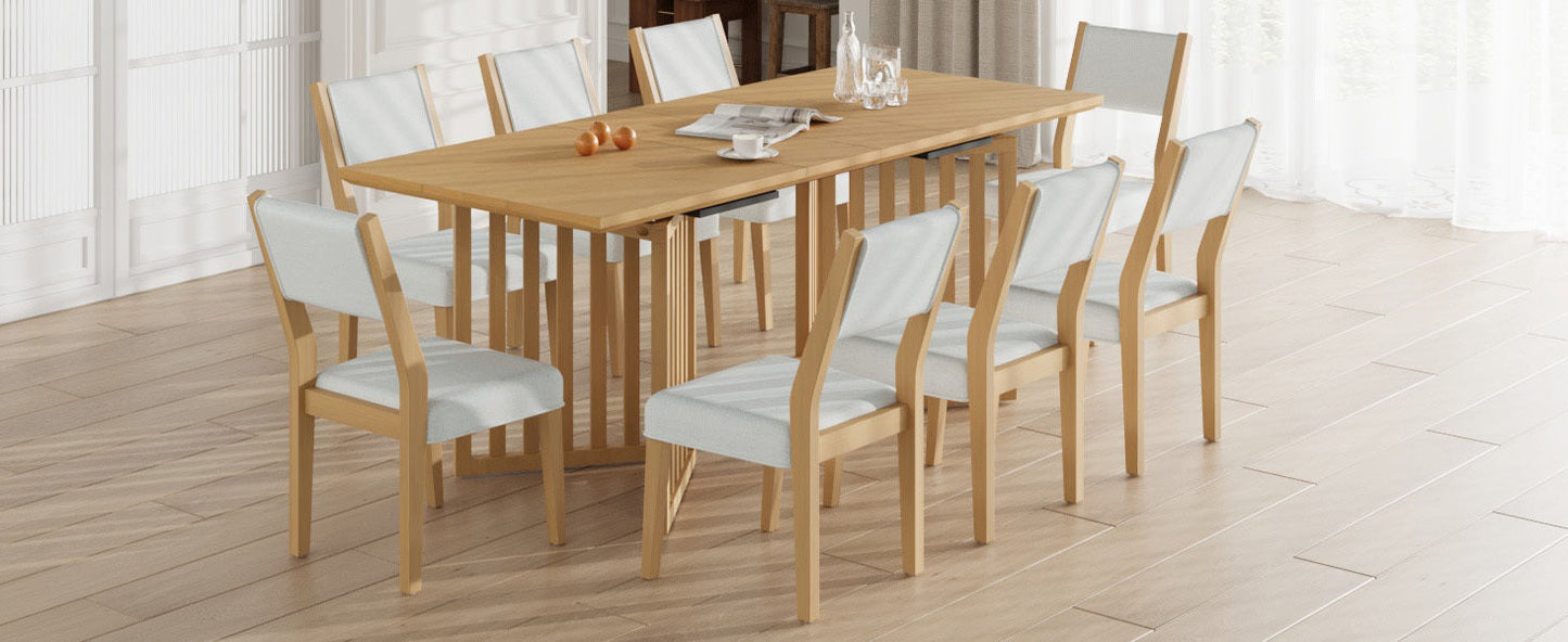 Farmhouse 9-Piece 83.9inch Extendable Dining Table Set With 2 12-Inch Removable Leaves and 8 Upholstered Dining Chairs,