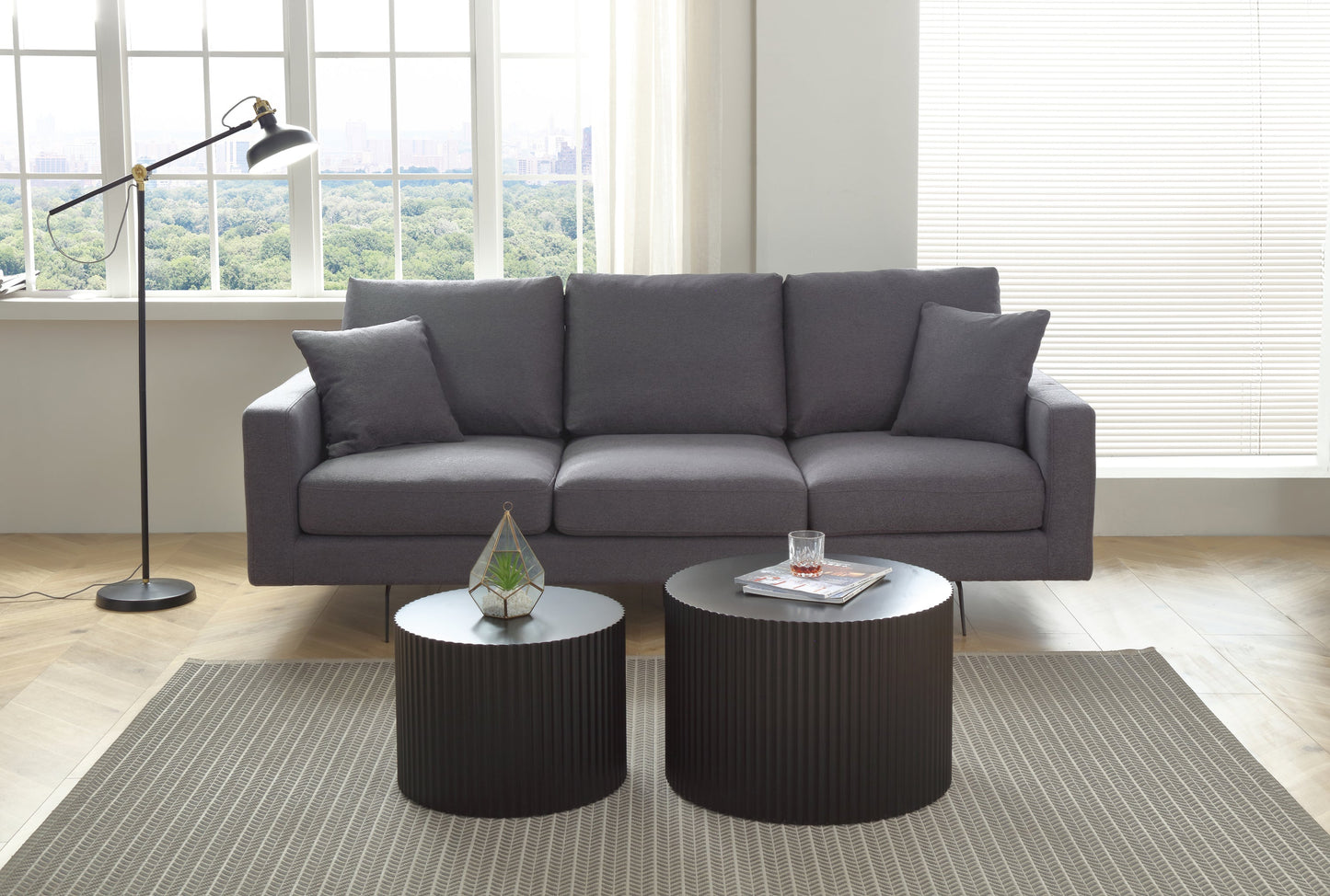 Modern Grey Three-Seat Sofa With Thick Sponge and Two Pillows, 87.40inch