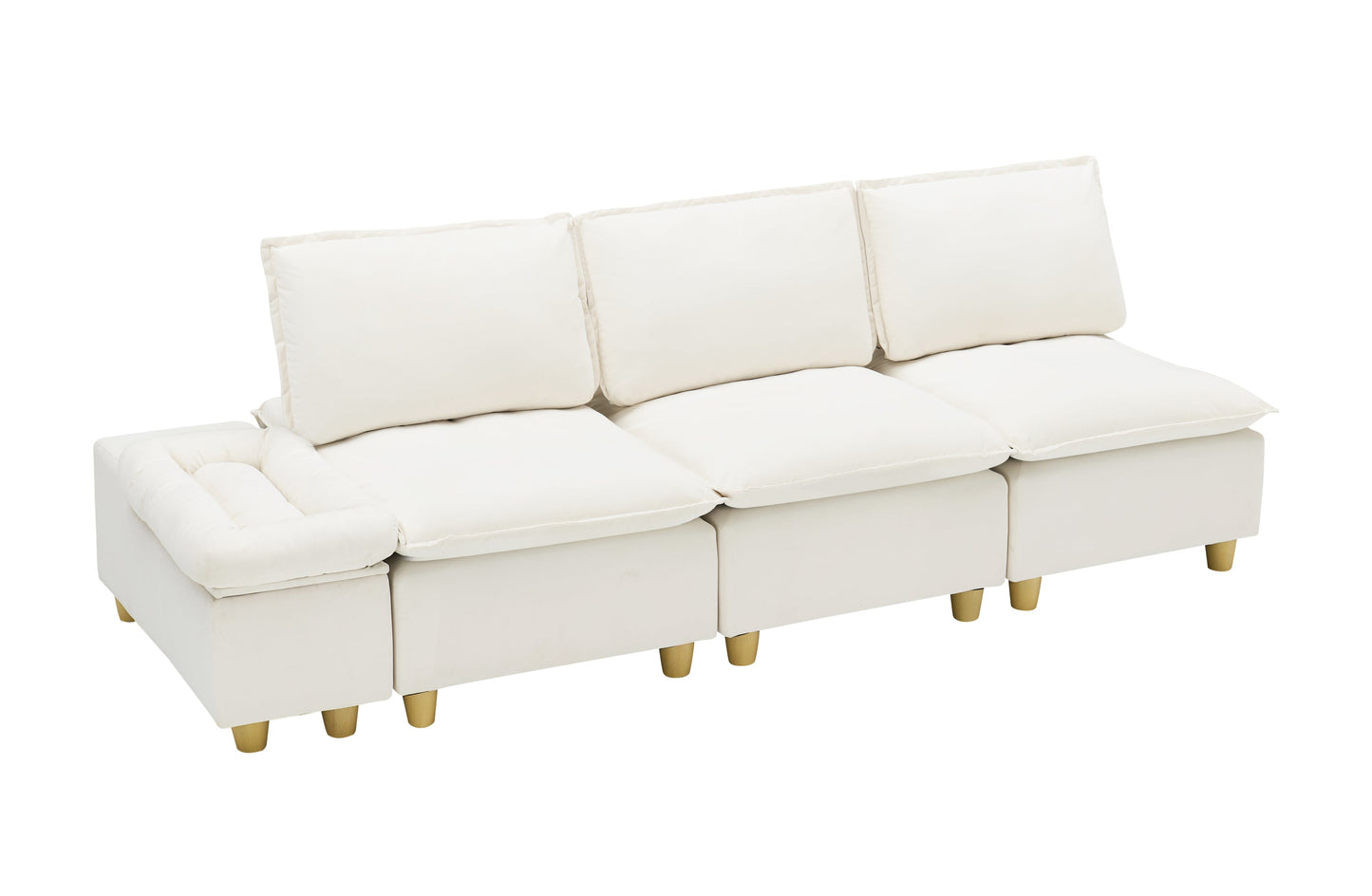 104-Inch Fashionable and Minimalist Straight-Row Three-Seater Off-White Flannel Sofa With a Storage Compartment, Cup Holder