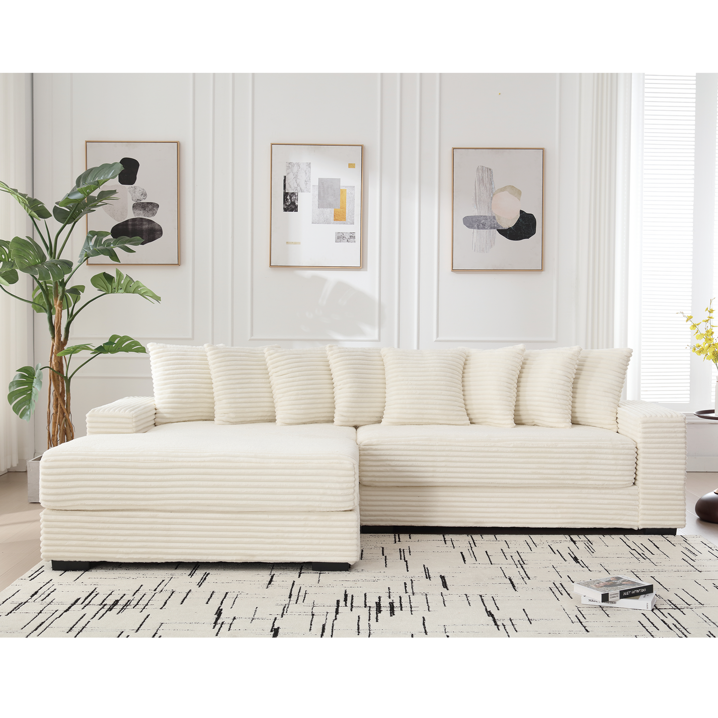 Oversized Two-Piece Couches, L Shaped Sofa, Corduroy, Left Chaise Daybed,with Armrests,Eight Throw Pillows,Corner Sofa