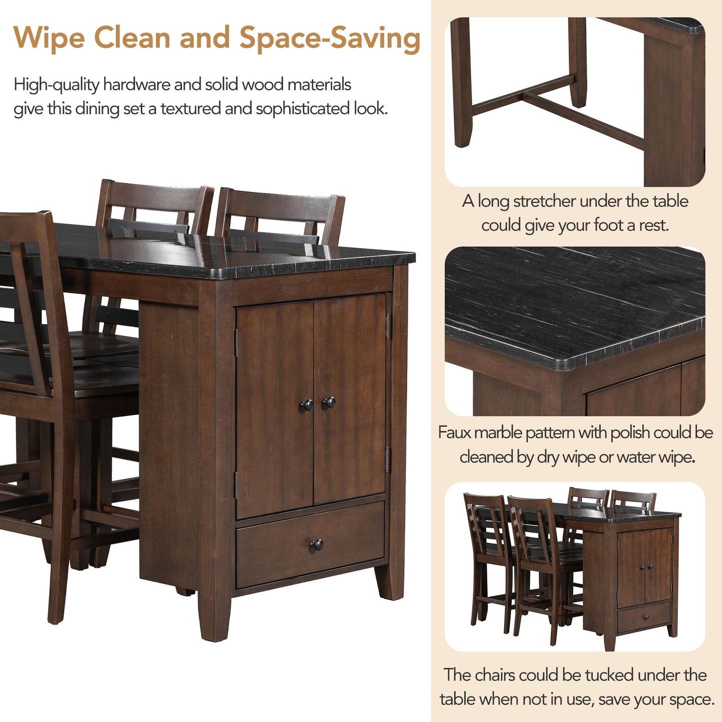 Counter Height 5-Piece Dining Table Set With Faux Marble Tabletop, Solid Wood Table Set With Storage Cabinet and Drawer