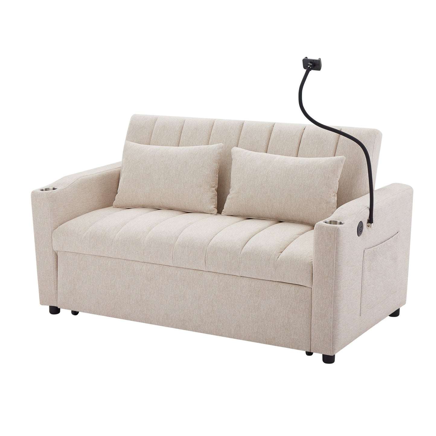 55.9" Convertible Sofa Bed Loveseat Sofa With Three USB Ports, Two Side Pockets, Two Cup Holders