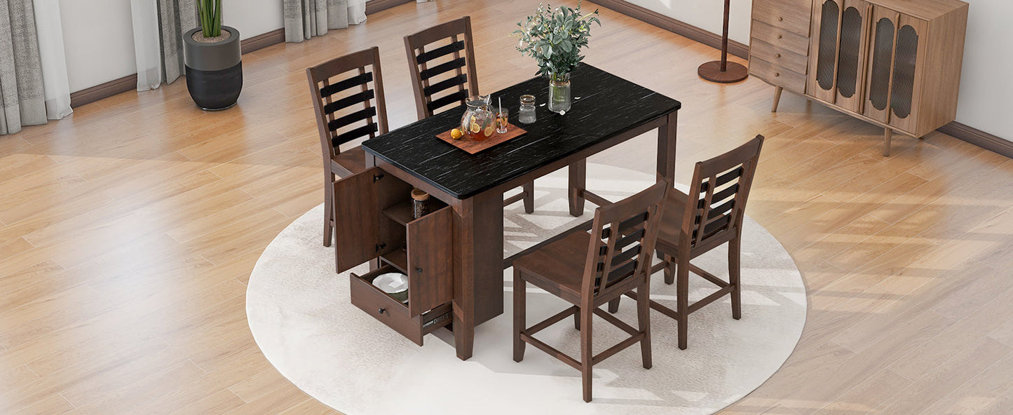 Counter Height 5-Piece Dining Table Set With Faux Marble Tabletop, Solid Wood Table Set With Storage Cabinet and Drawer