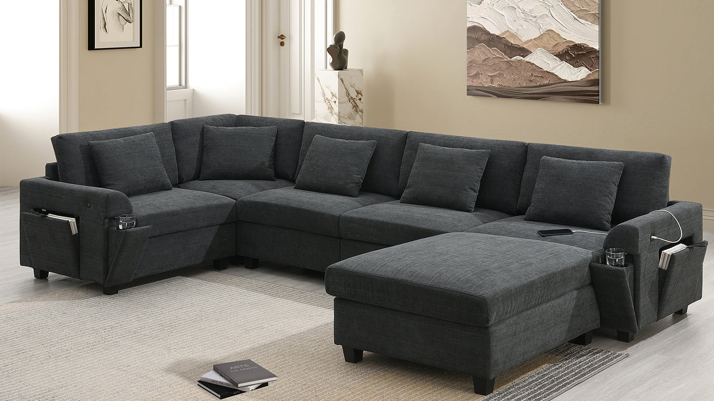 128*67" U Shaped Sectional Sofa,6 Seat Chenille Couch Set With Oversized Ottoman,Hidden Armrest Storage and Cup Holders