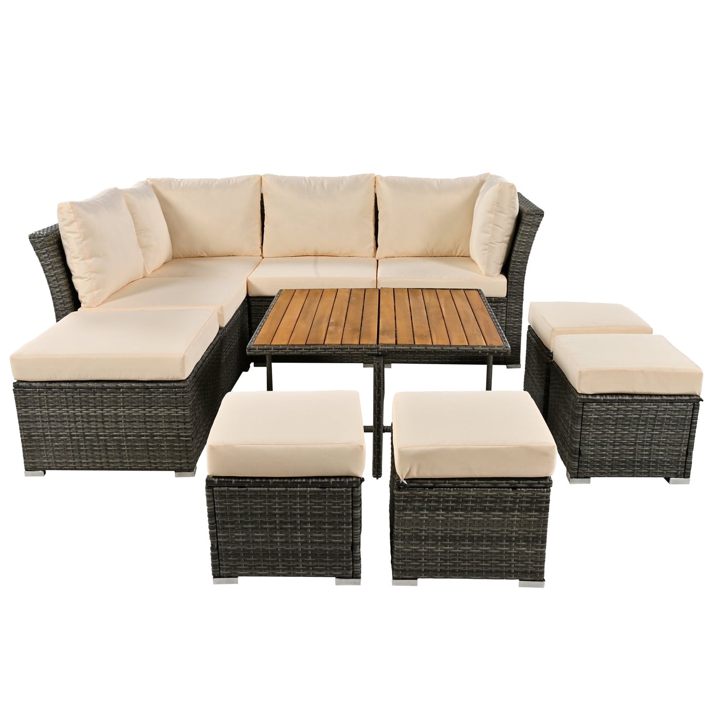 Patio Furniture Set, 10 Piece Outdoor Conversation Set, CoffeeTable With Ottomans, Solid Wood Coffee Table