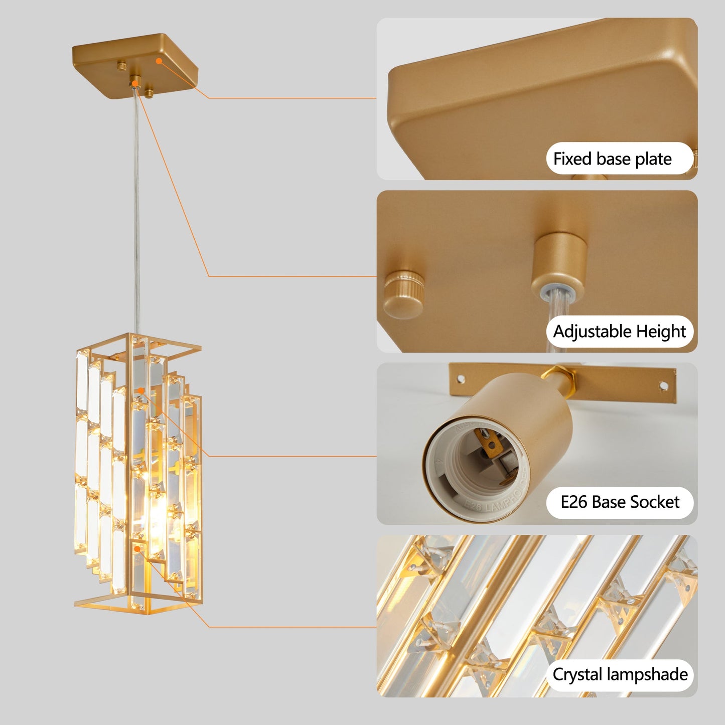 Modern Crystal Pendant Light - 3 Pack, Adjustable Hanging Ceiling Lamp With Crystal Prism Design for Dining Room