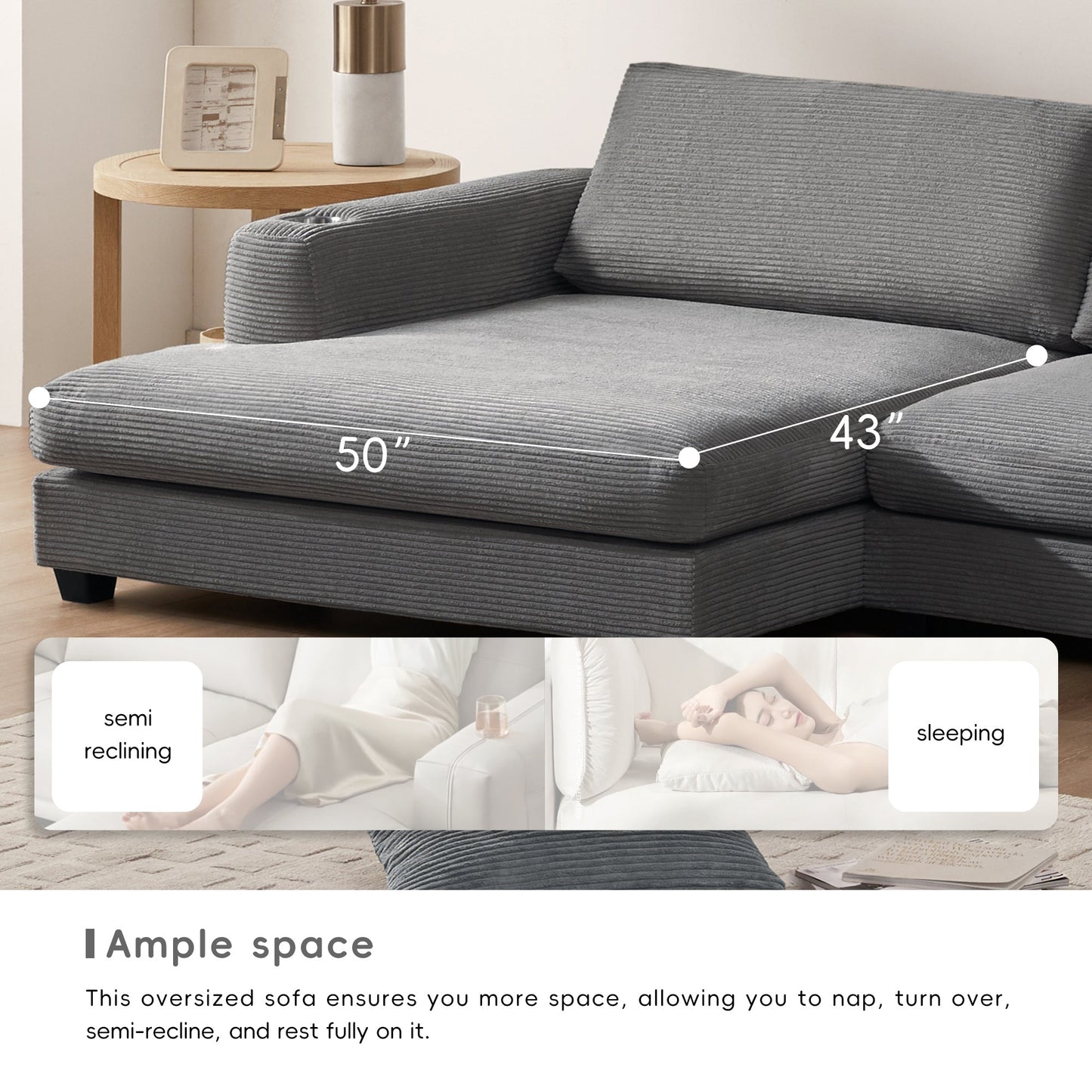 134*54"Oversized Corduroy Sectional Sofa,L Shaped Cloud Couch With USB Charging Port,Cup Holder,Deep Seat Sofa Bed