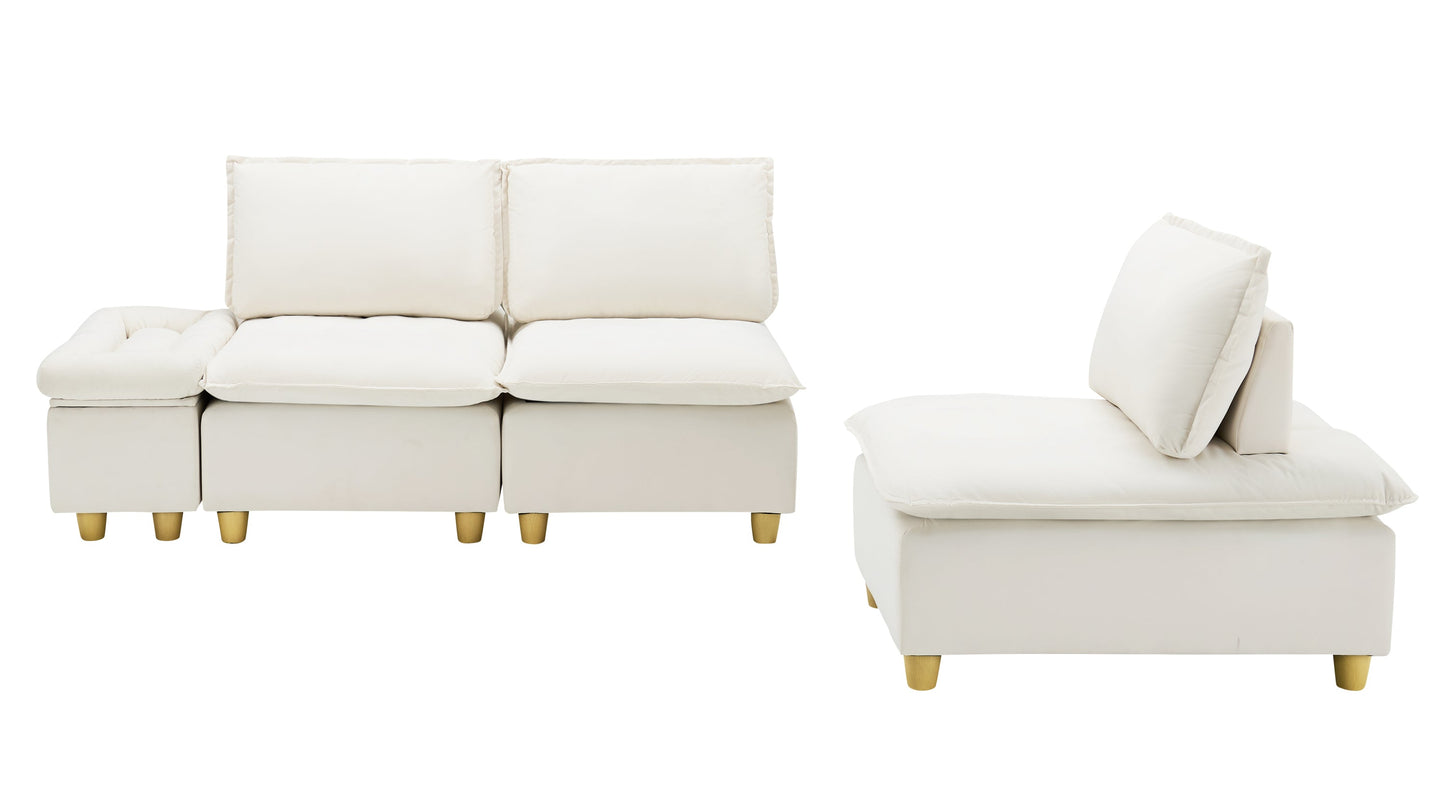 104-Inch Fashionable and Minimalist Straight-Row Three-Seater Off-White Flannel Sofa With a Storage Compartment, Cup Holder