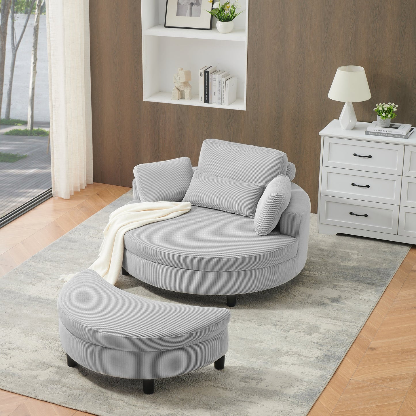 51-Inch Gray Corduroy Sofa With Two Throw Pillows and a Waist Pillow With an Extra Tray for Comfortable Seating