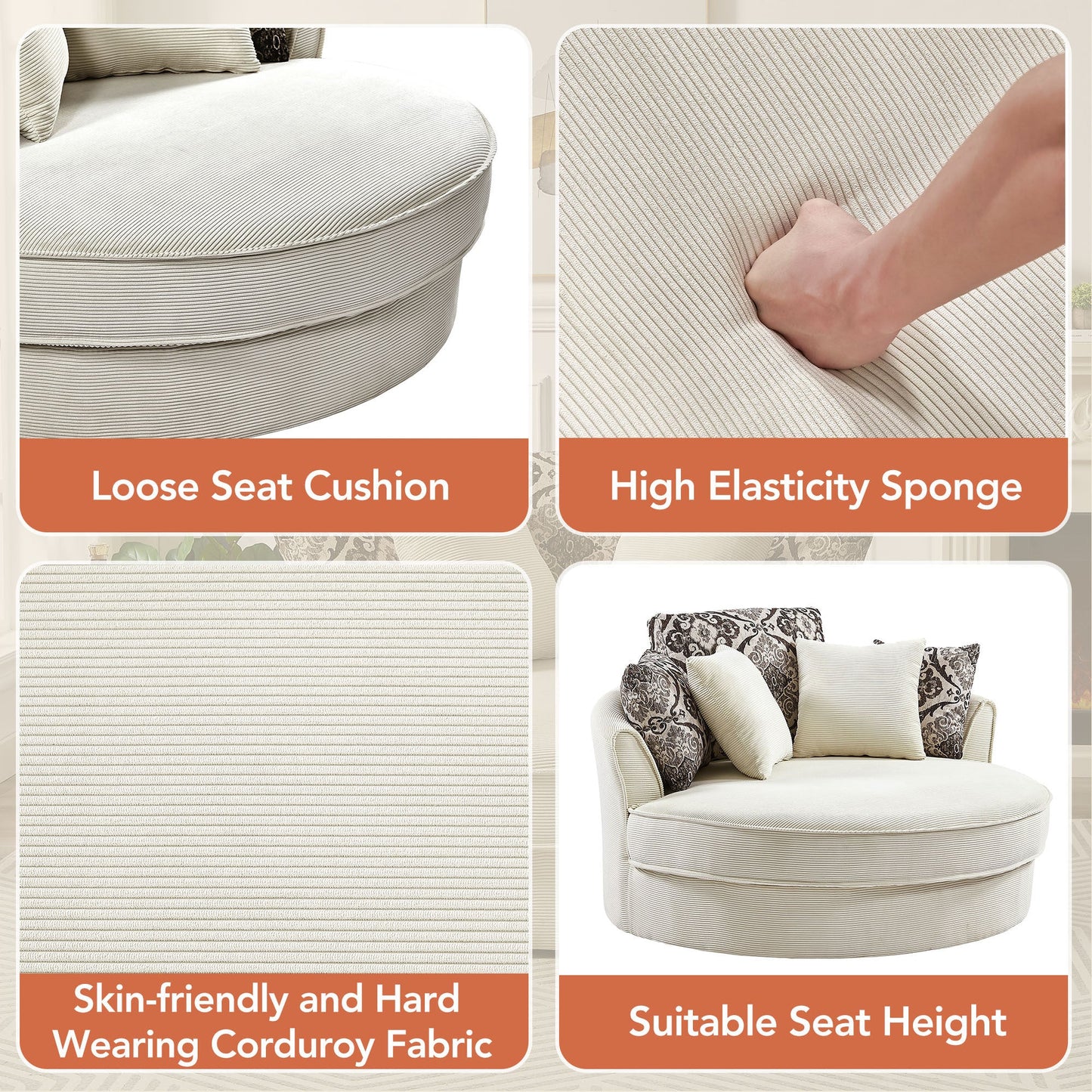 Swivel Accent Barrel Chair With 5 Movable Pillow 360 Degree Swivel Round Sofa Chair for Living Room,Bedroom, Hotel