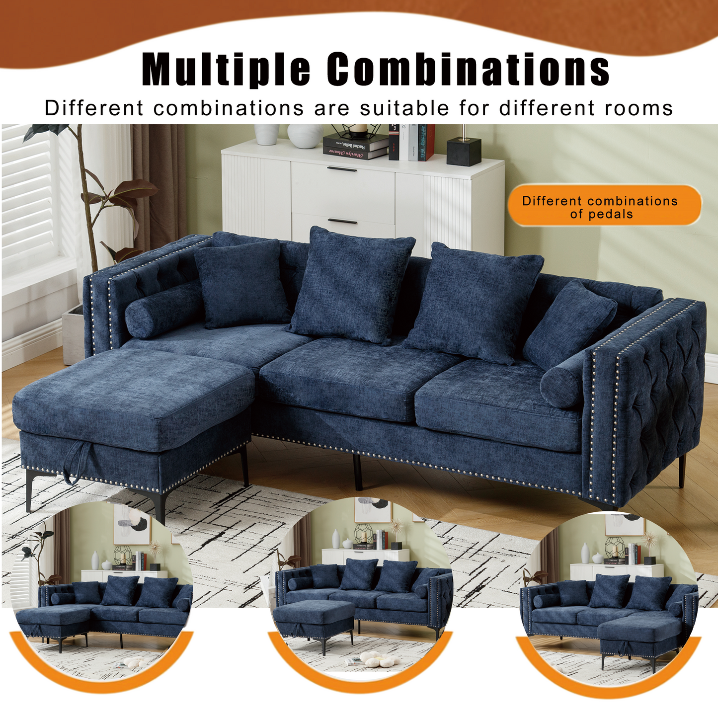 L Shaped Sectional Sofa , Convertible Storage Ottoman,Chenille ,Square Arm, Modern Tufted Couch ,3 Seater