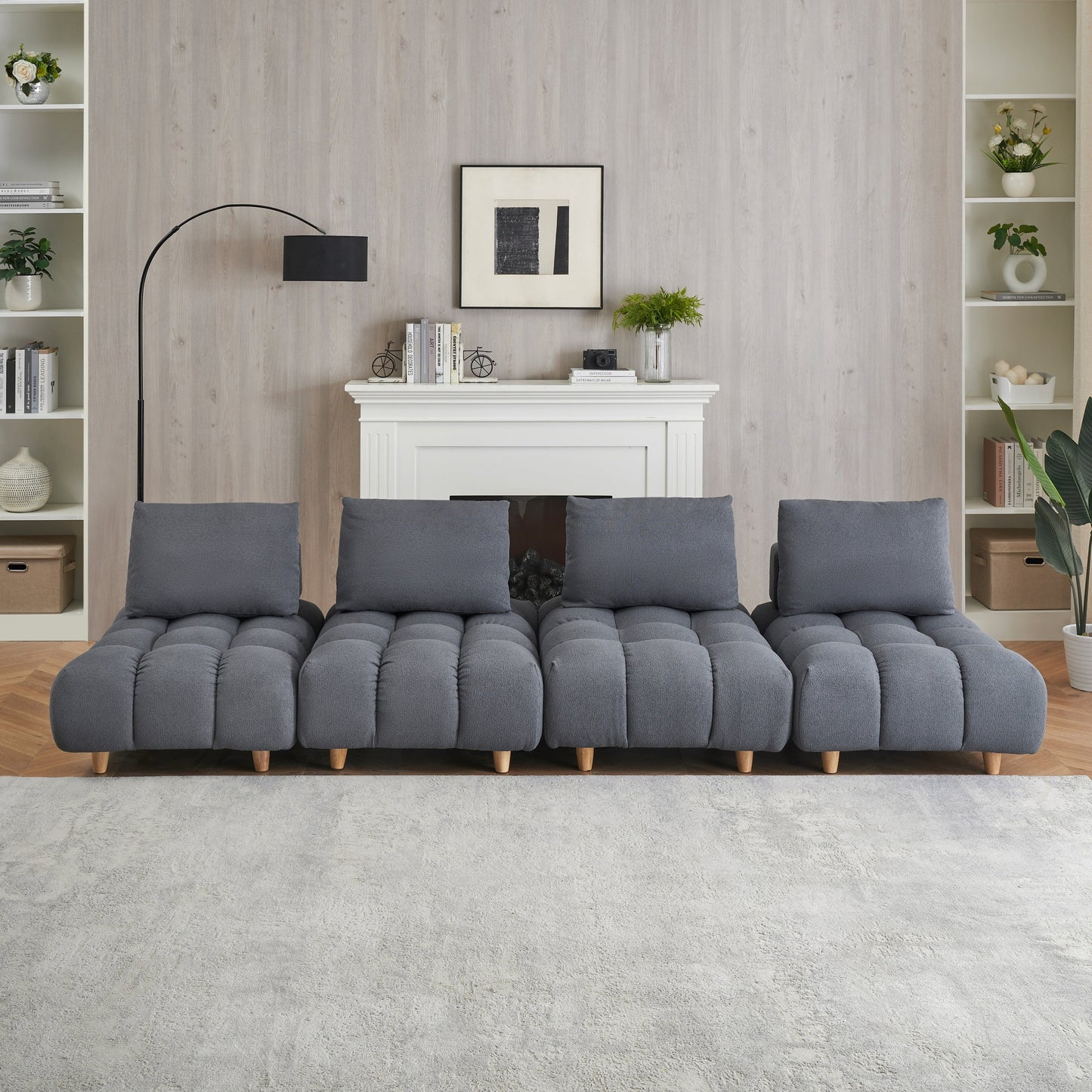 120 Inches Long, Teddy Sofa Fabric, With Spacious and Comfortable Seats, for Apartment Office Living Room -Gray
