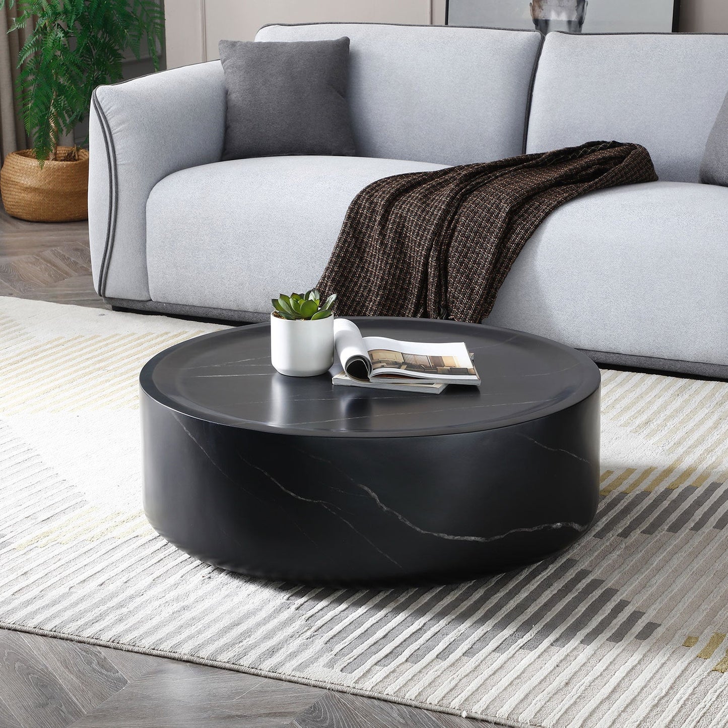 39.37'' Black Marble Round Coffee Table Sturdy Fiberglass Table for Living Room ,No Need Assembly